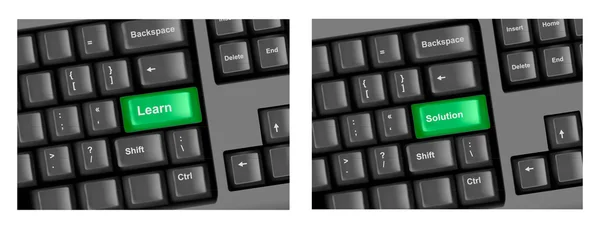 Two pieces of keyboard with green keys. Learn and solution. Vector. — Stock Vector