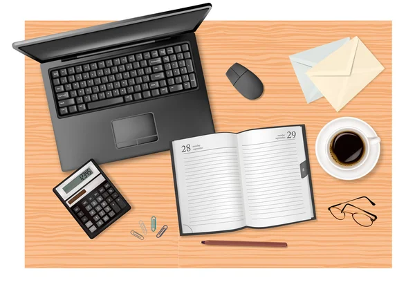 Notatnik, kalkulator i materiały biurowe na stole. wektor. — Wektor stockowy