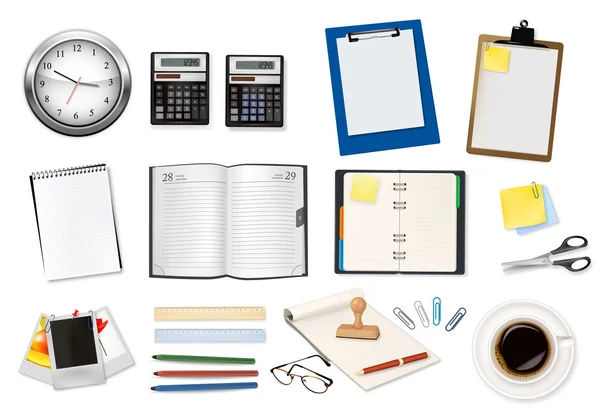 Une horloge, des calculatrices et des fournitures de bureau. Vecteur . — Image vectorielle