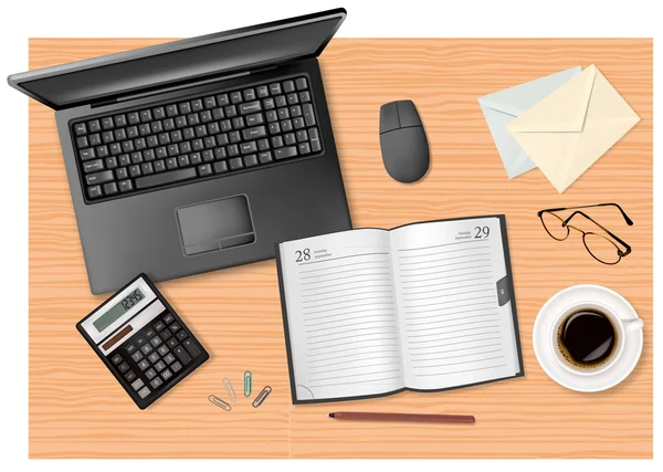 Laptop, rekenmachine en kantoorbenodigdheden op de tafel. vector. — Stockvector
