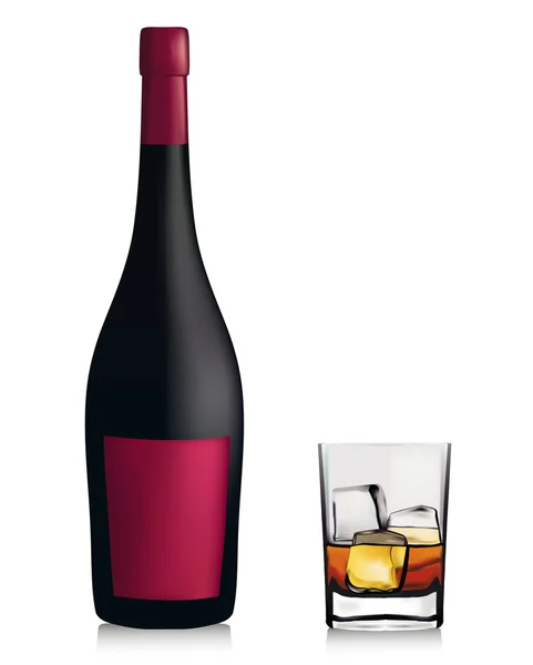 Botella y vaso con whisky y cubitos de hielo. Vector . — Archivo Imágenes Vectoriales