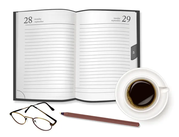 Livro de leite, chávena de café e material de escritório. Vetor . —  Vetores de Stock