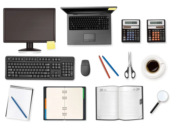 Quaderno, calcolatrice e materiale per ufficio. Vettore . — Vettoriale Stock