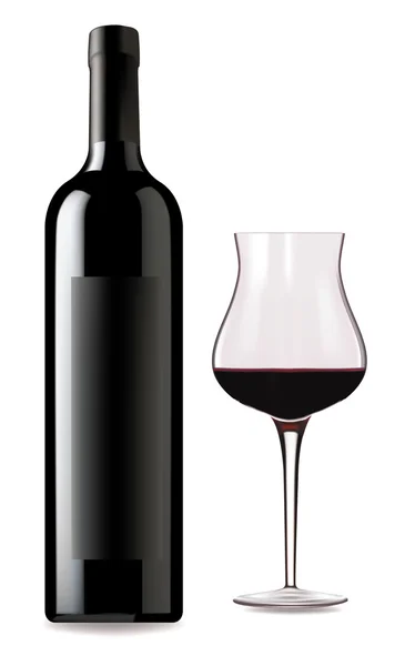 Copa de vino tinto y botella sobre fondo blanco . — Vector de stock
