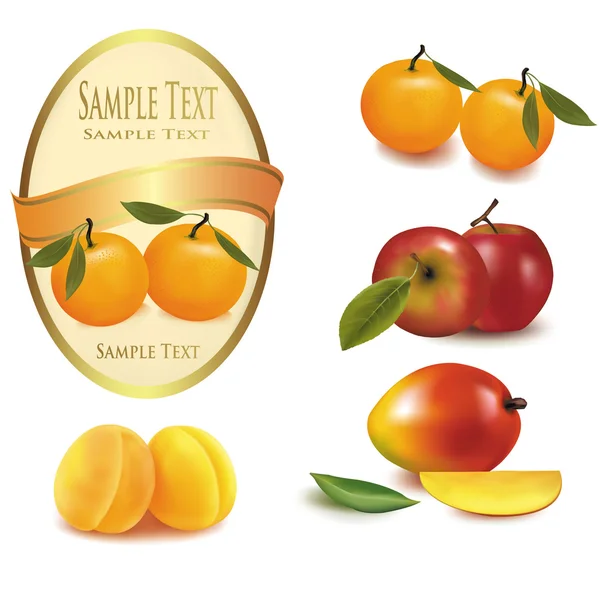 Tre etichette gialle con diversi tipi di frutta. Vettore . — Vettoriale Stock