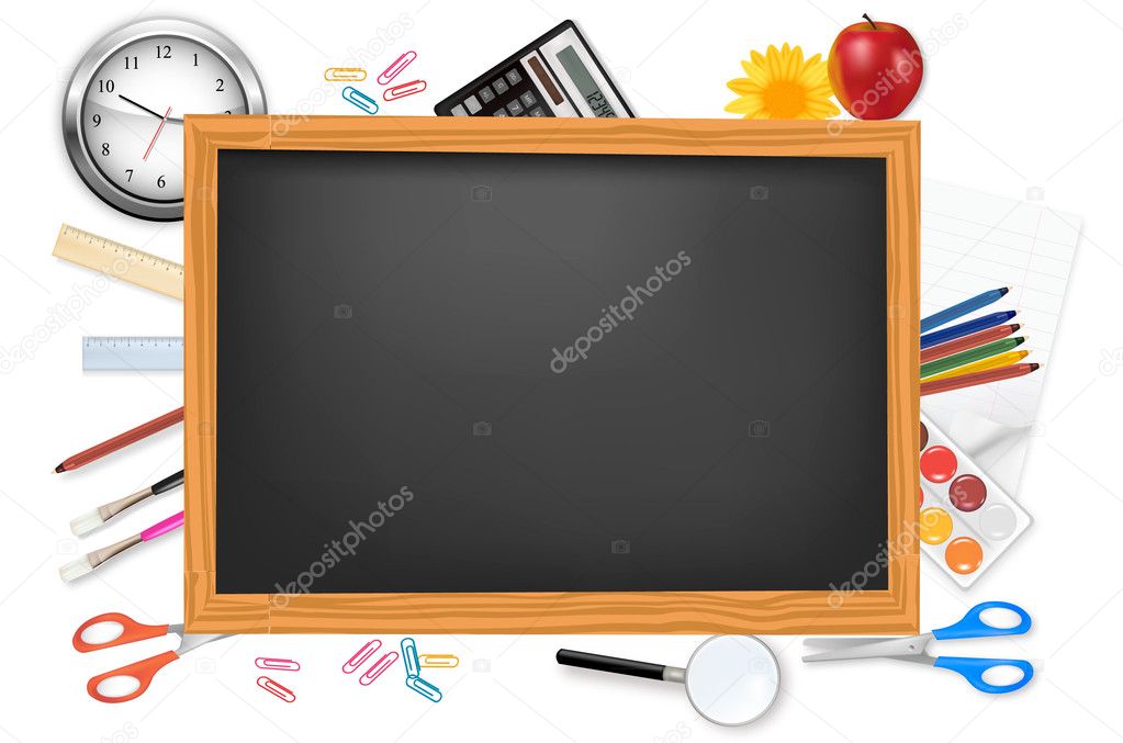 Blackboard with school supplies. Vector.