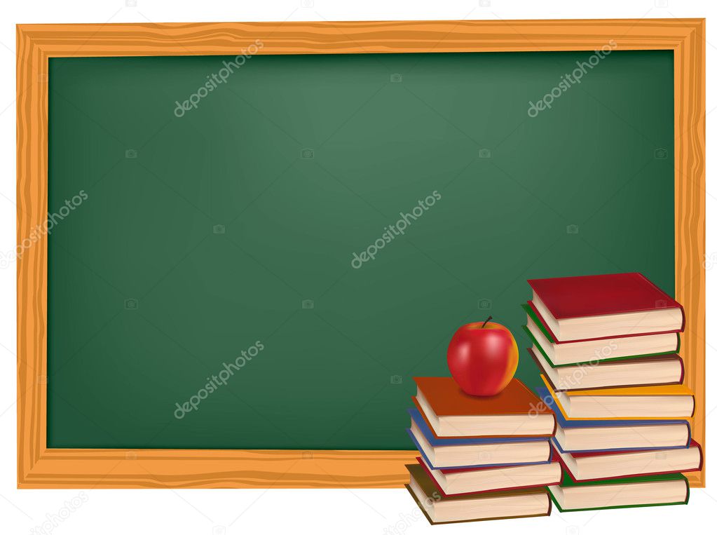 School books with apples on the desk. Vector.