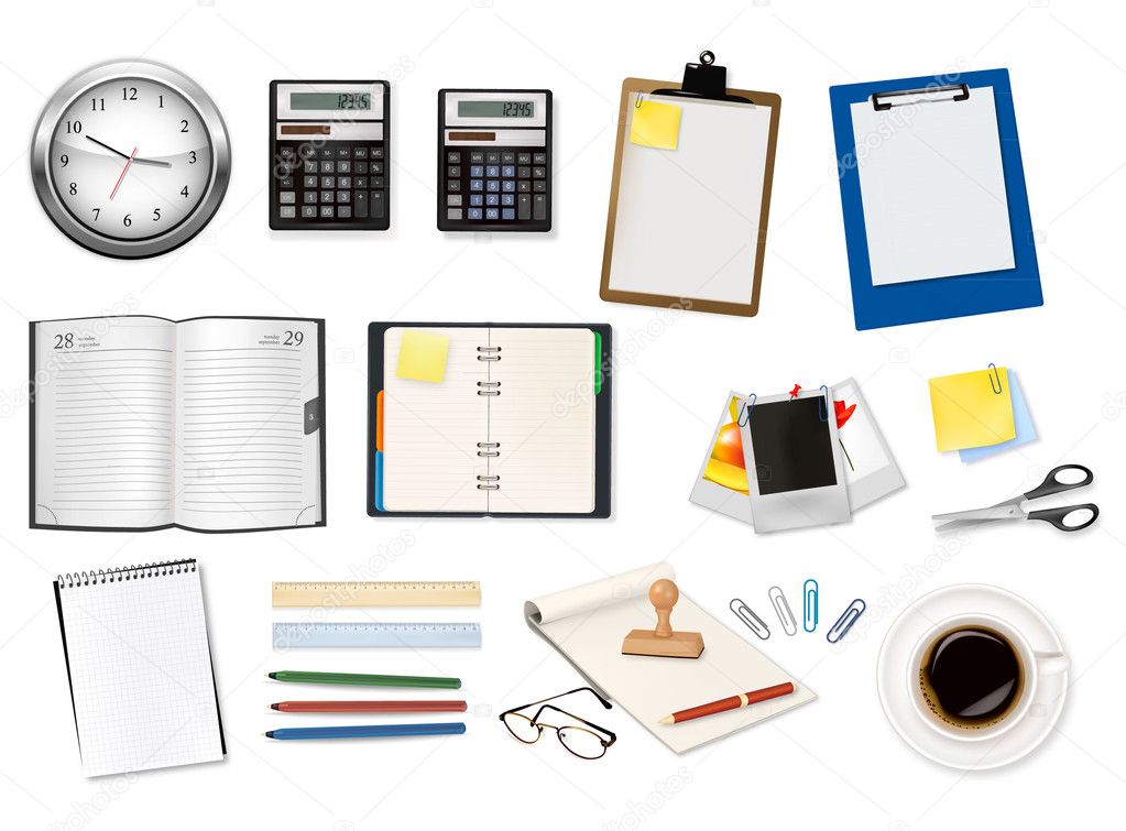 A clock, calculators and some office supplies. Vector.