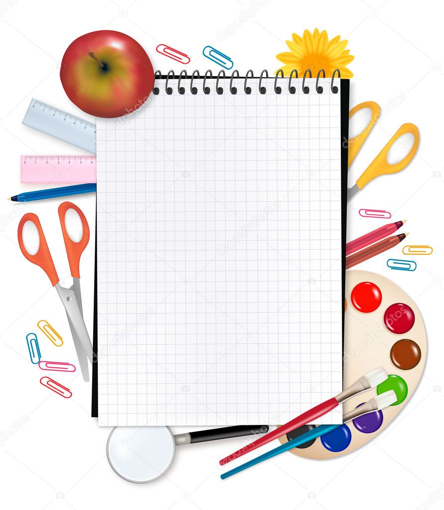 Back to school. Notepad with supplies. Vector.