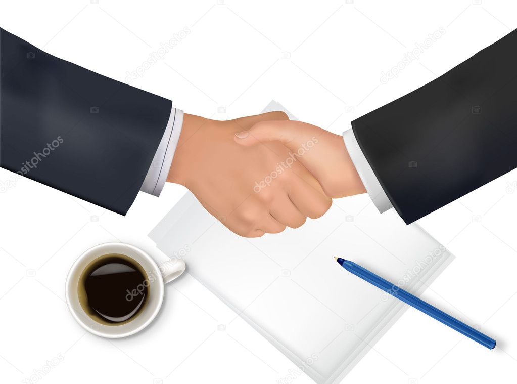 Handshake over paper and pen. Photo-realistic vector illustration.