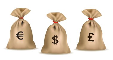 Money bags with dollars, euro and pound. Vector. clipart