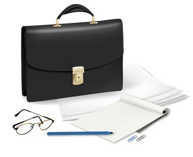 A briefcase and notebook and some office supplies. clipart