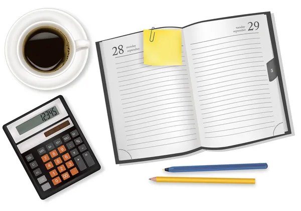 Milchbuch, Tasse Kaffee und Bürobedarf. Vektor. — Stockvektor