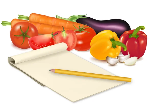 Блокнот з рецептом, часником, помідорами та деякими овочами з олівцем на тарілці — стоковий вектор