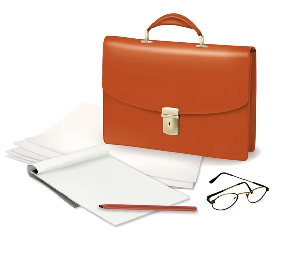 Un maletín, un cuaderno y algunos útiles de oficina. Vector . — Vector de stock