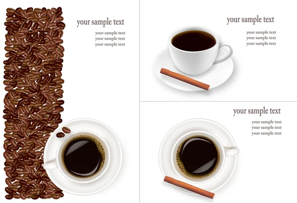Set of designs with cup of coffee and coffee grains. Vector. — Stock Vector