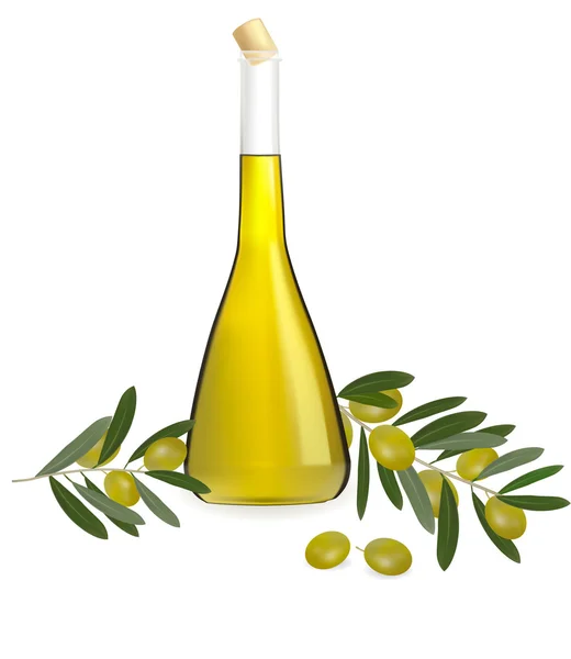 Botella de aceite de oliva con aceitunas y especias. Vector . — Vector de stock