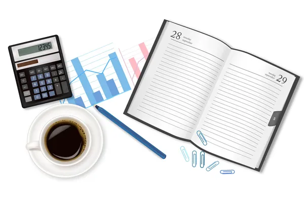 Dairy-book, cup of coffee and office supplies. Vector. — Stock Vector