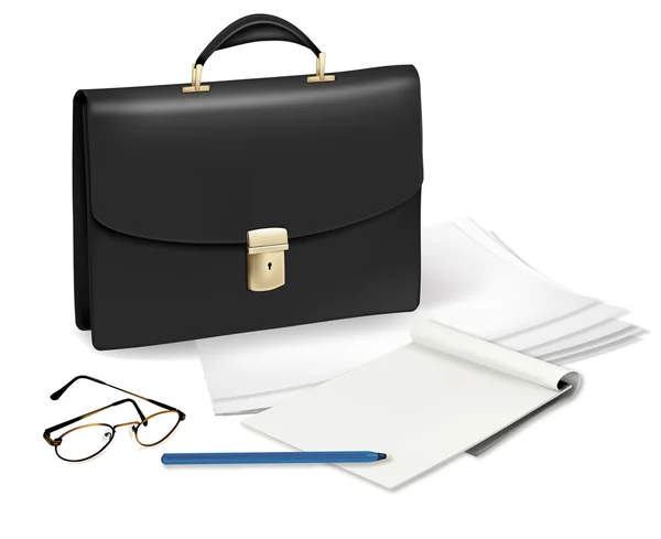 Un maletín, un cuaderno y algunos útiles de oficina. Vector . — Vector de stock