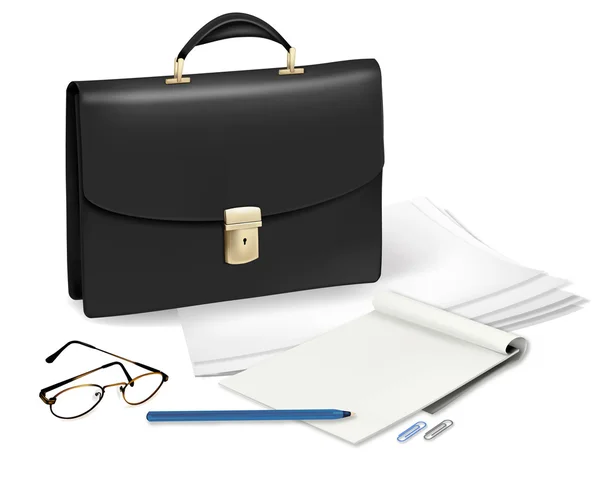 Un maletín y un cuaderno y algunos útiles de oficina . — Vector de stock