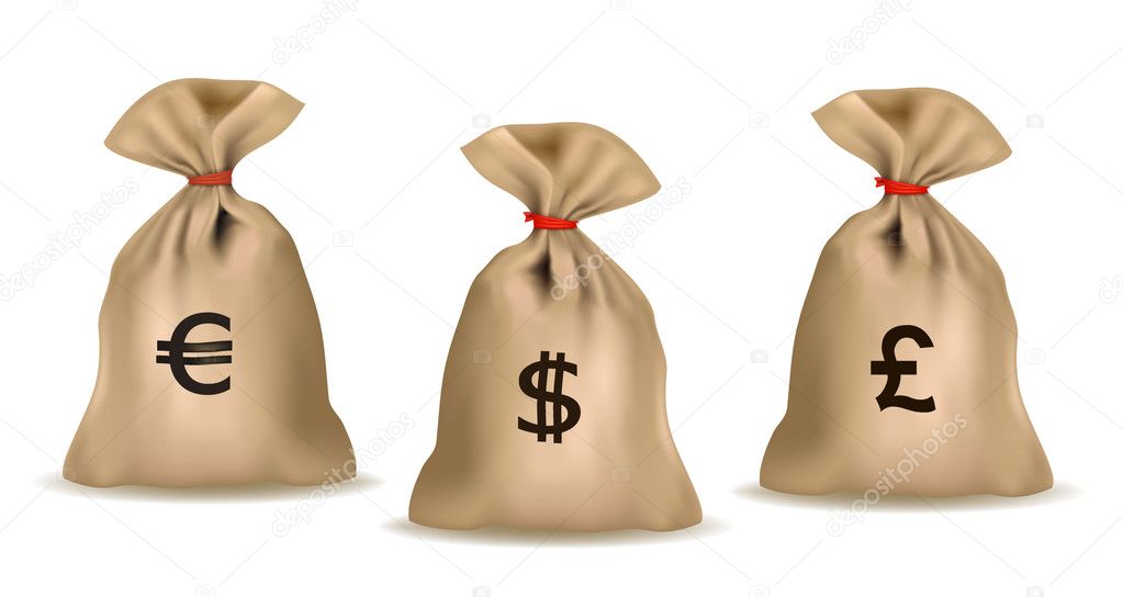 Money bags with dollars, euro and pound. Vector.
