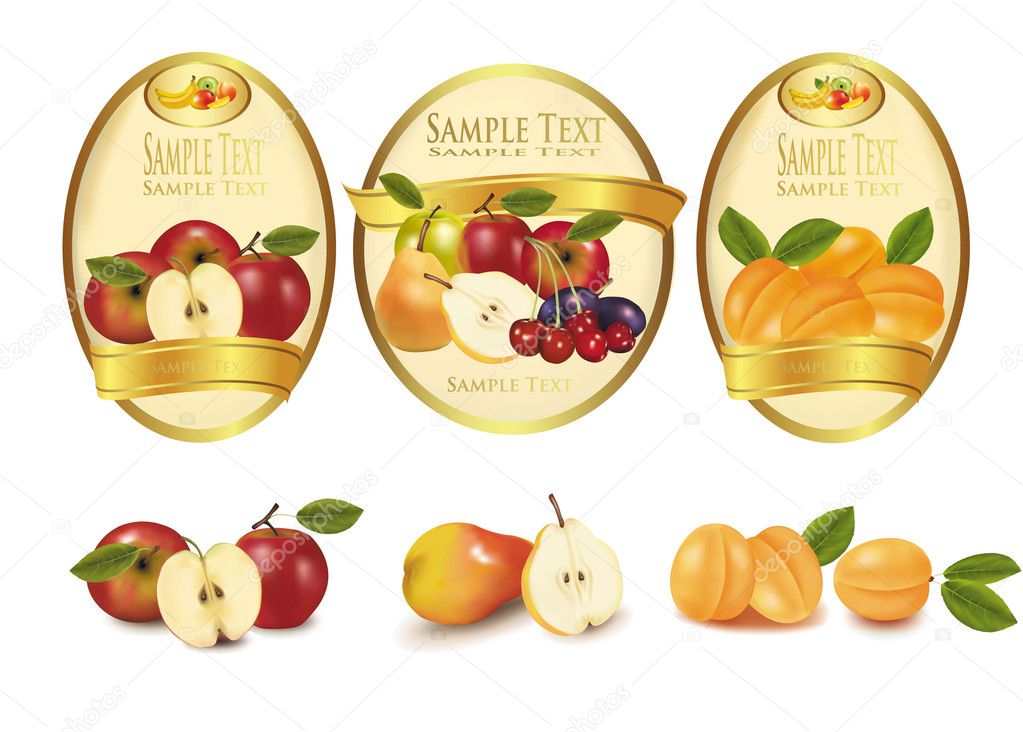 Gold labels with different sorts of fruit. Vector.