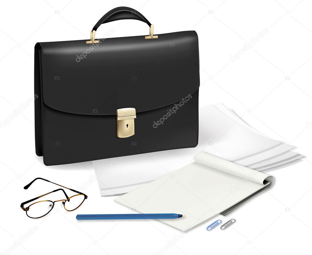 A briefcase and notebook and some office supplies.