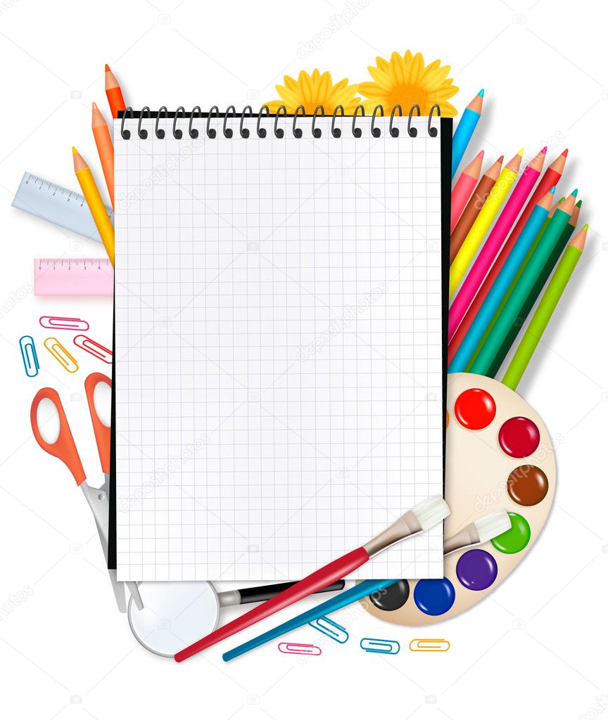 Notebook with school supplies. Vector.