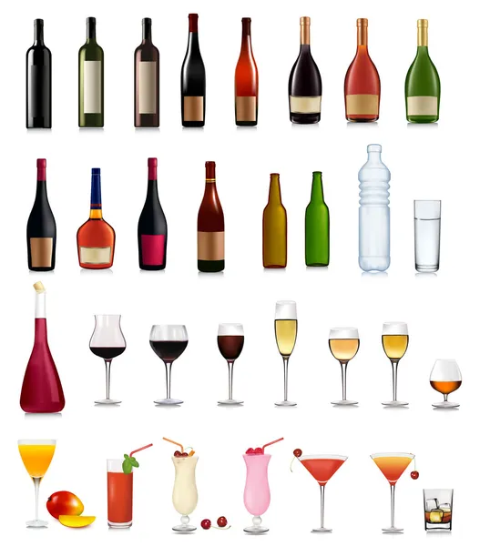 Zbiór różnych napojów i butelek. Ilustracja wektorowa. — Wektor stockowy