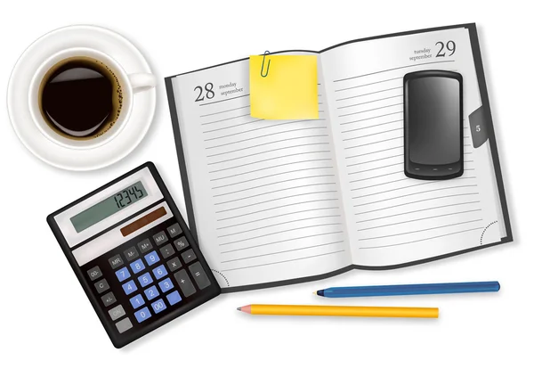 Libro de productos lácteos, taza de café y útiles de oficina. Vector . — Vector de stock