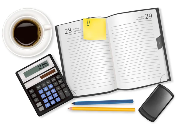 Milchbuch, Tasse Kaffee und Bürobedarf. Vektor. — Stockvektor
