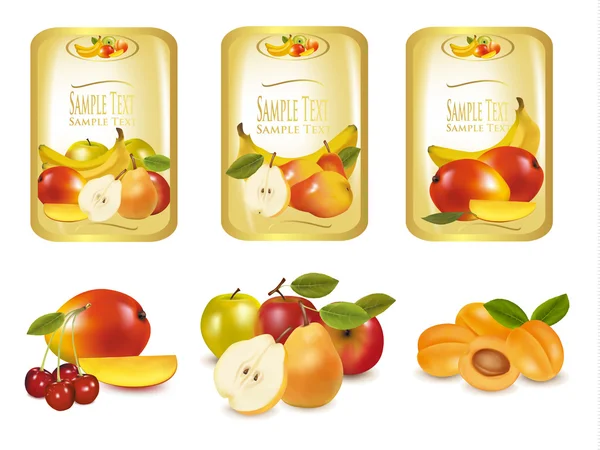 Tres etiquetas con diferentes tipos de fruta. Vector . — Vector de stock