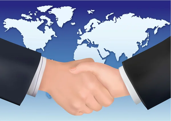 Business handslag på bakgrund av världskartan. vektor. — Stock vektor