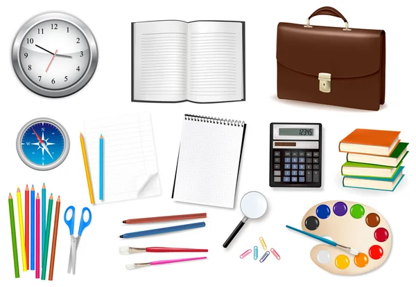 Big collection of business and office supplies. Vector — Stock Vector