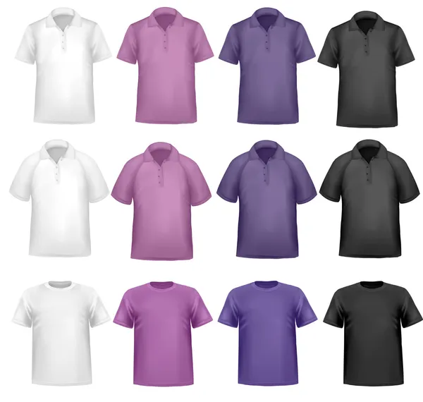 Polo y camisetas negras, blancas y de colores. Foto-realista vector illustr — Vector de stock