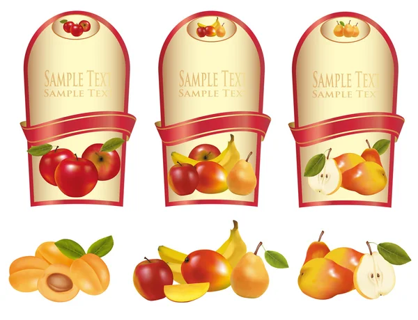 Etichette dorate con diversi tipi di frutta. Vettore . — Vettoriale Stock