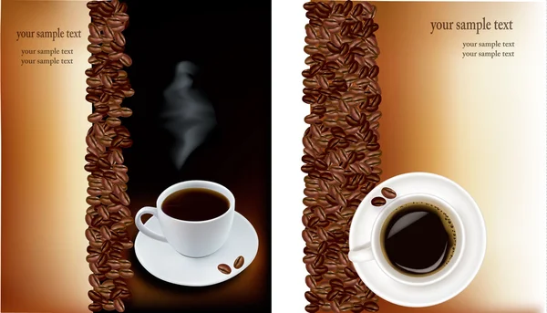 Two designs with cup of coffee and coffee grains. Vector. — Stock Vector