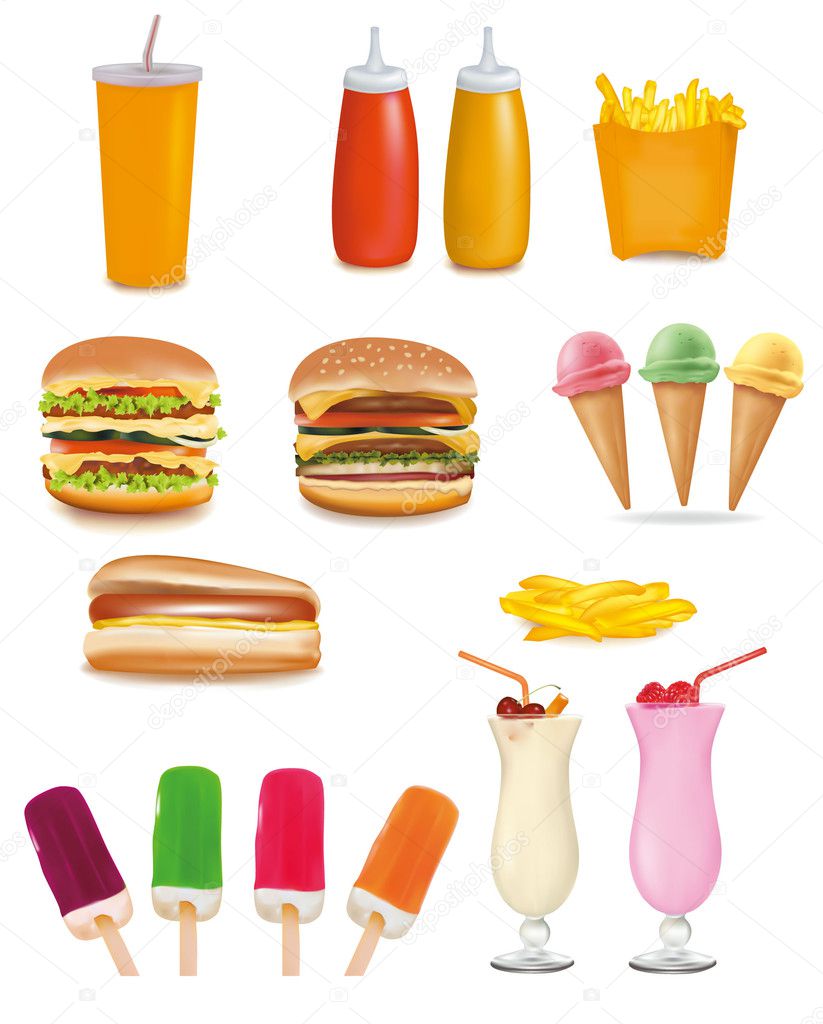Big group of fast food products. Vector.