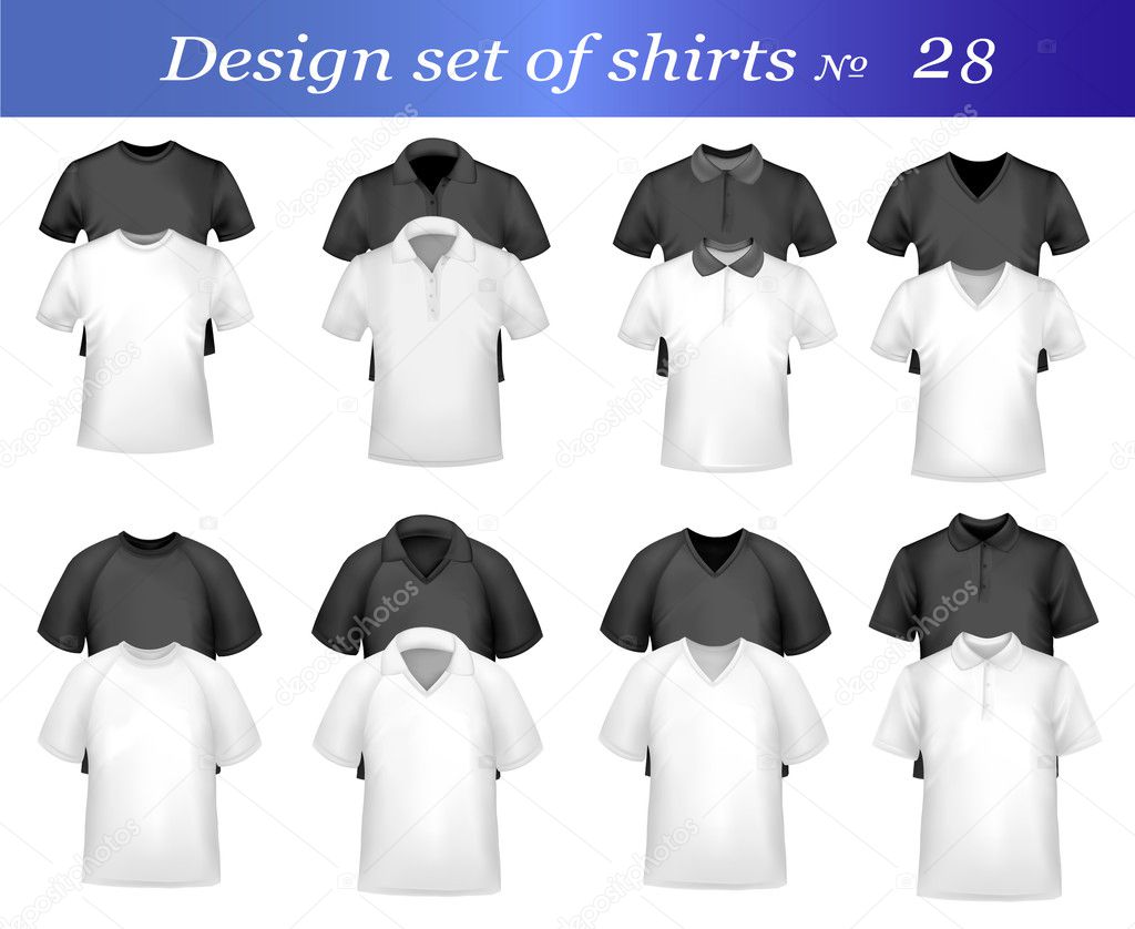 Black, white and grey men polo and t-shirts. Photo-realistic vector illustr
