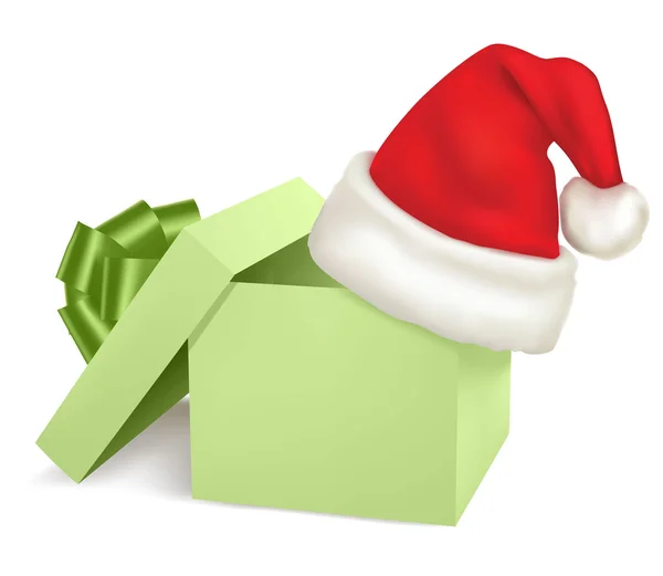 Boîte verte de Noël et chapeau de Père Noël. Vecteur . — Image vectorielle