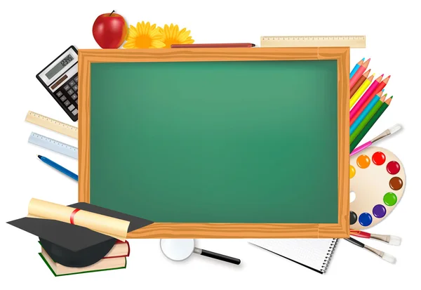 Back to school. Green desk with school supplies. Vector. — Stock Vector