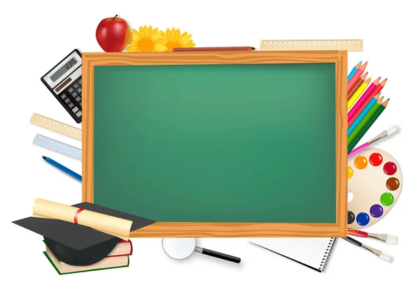 Zurück zur Schule. Grüner Schreibtisch mit Schulmaterial. Vektor. — Stockvektor