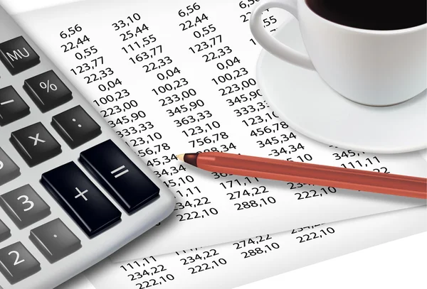 Kalkulačka, šálek od kávy a kancelářské potřeby. vektor. — Stockový vektor