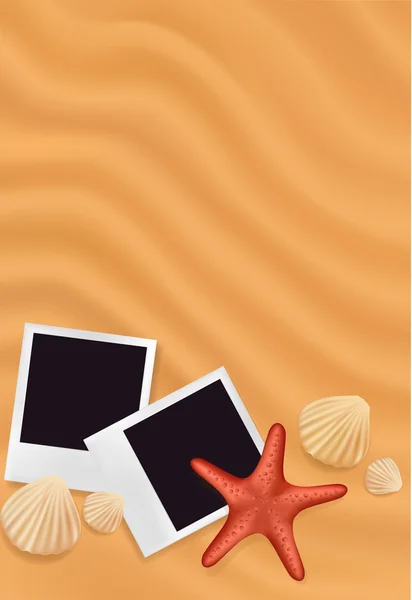 砂の背景に写真で海の貝殻。海の概念への旅 — ストックベクタ