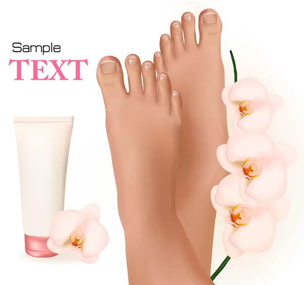 Beautiful young feet with orchids and body cream. Body care concept. Vector — Stock Vector