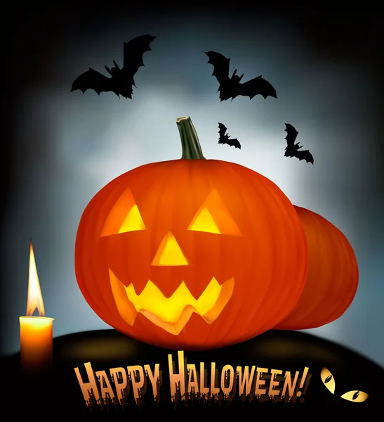 Halloween Hintergrund mit gruseligen Kürbissen, Fledermäusen, Katzenaugen und einer Kerze. vect — Stockvektor