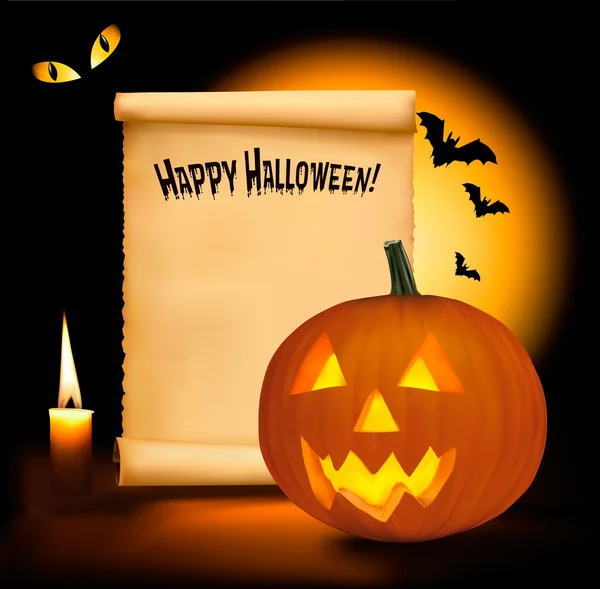 Halloween bakgrund med skrämmande pumpor, fladdermöss, katt ögon och ett ljus. Vect — Stock vektor