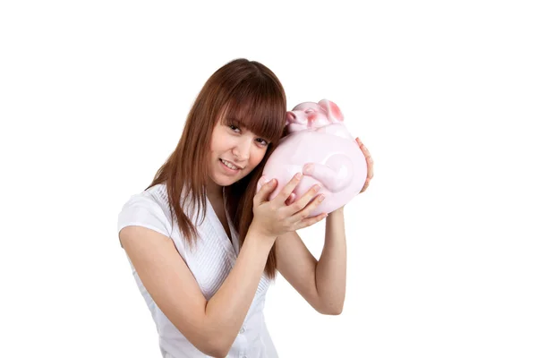 Young woman with piggy bank — Stock Photo, Image