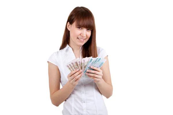 Красивая молодая девушка держит веер денег — ストック写真