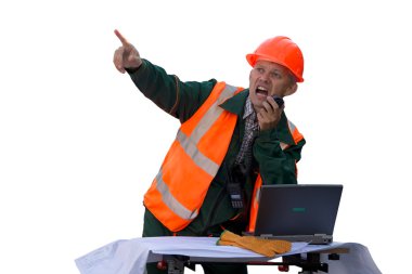 Scared engineer in orange jacket . Isolated clipart